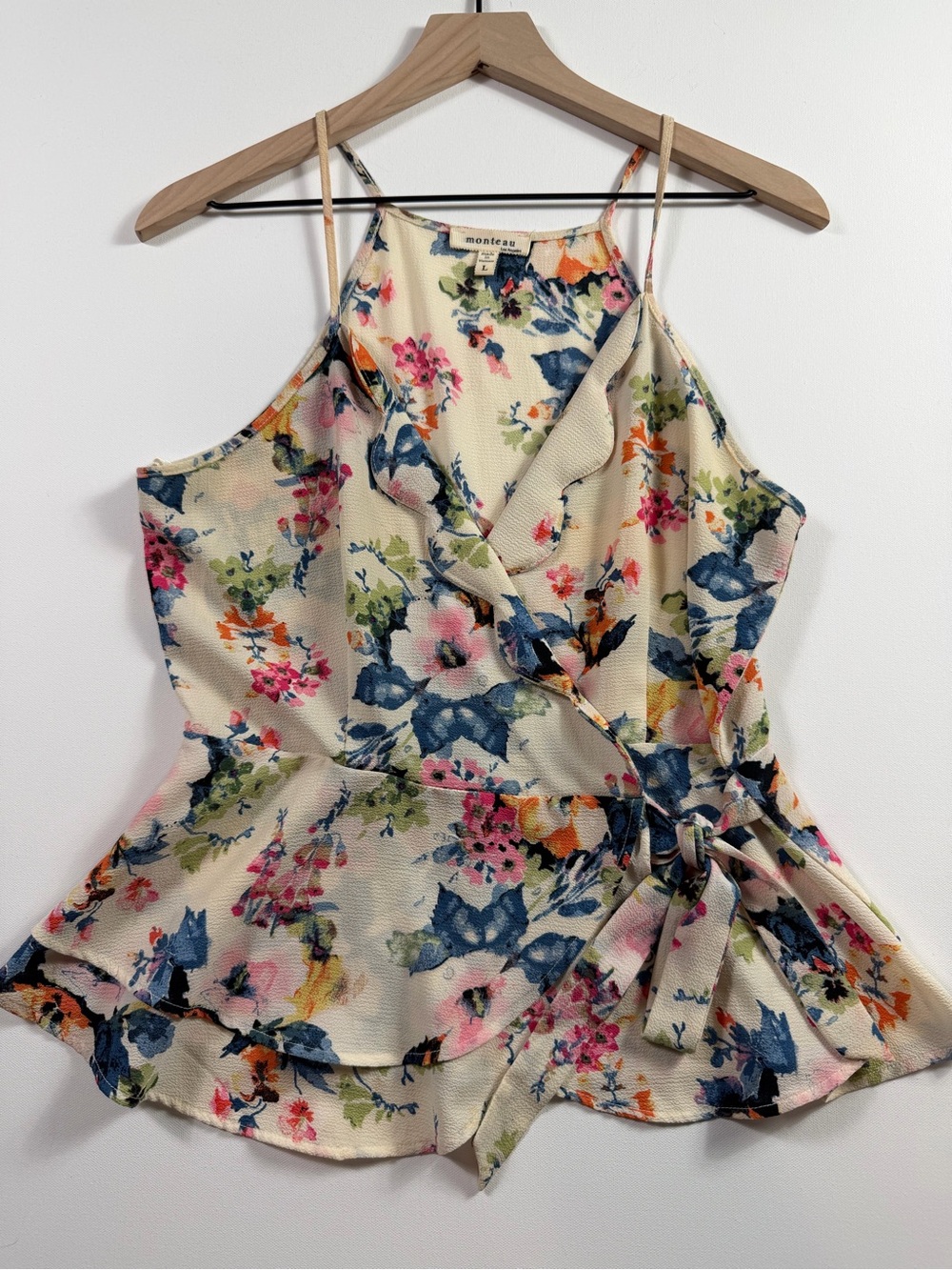 Monteau Floral Wrap Peplum Cami Blouse Size L Cream Pink Blue Tie Waist Tank